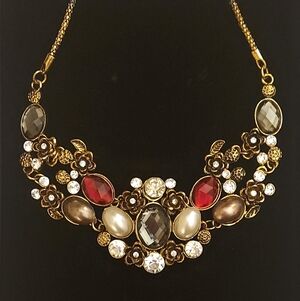 Custom Made Gold-Tone Floral Bib Necklace with Red, Pearl & Smoky Stones